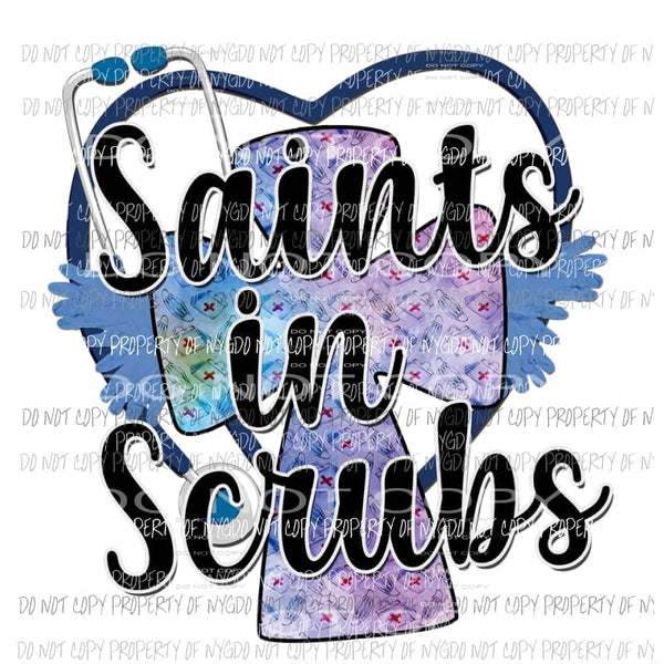 Saints In Scrubs stethoscope cross heart wings Sublimation transfers Heat Transfer