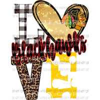 Blackhawks LOVE Native head red yellow and gold heart leopard polka dot Sublimation transfers Heat Transfer