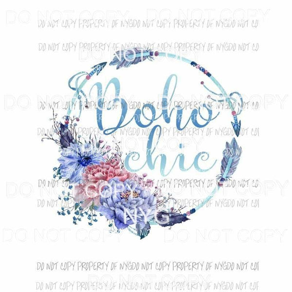 Boho Chic blue circle flowers feathers Sublimation transfers Heat Transfer