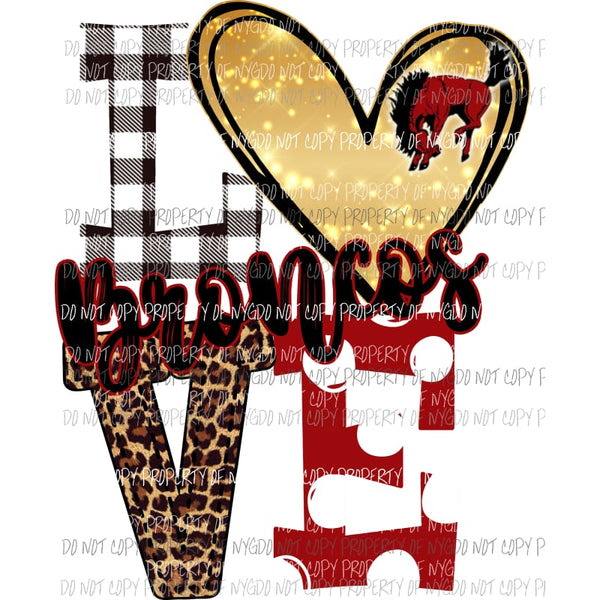 Broncos Love polka dot red and gold heart horse Sublimation transfers Heat Transfer