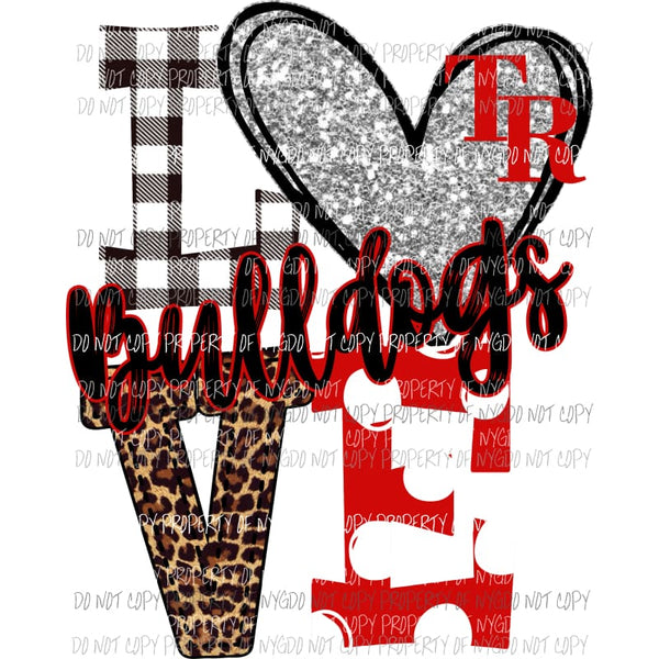 Bulldogs LOVE TR red and silver heart love polka dot Sublimation transfers Heat Transfer