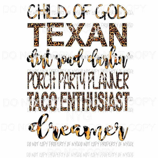 Child Of GOD Texan leopard Sublimation transfers Heat Transfer