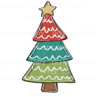 Christmas Tree Red Green Distressed Squiggly Lines Gold Star