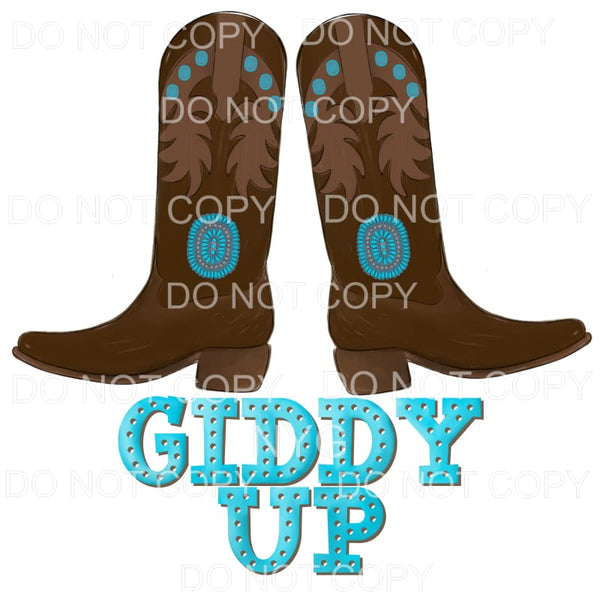 Giddy Up Brown Turquoise Cowboy Boots Sublimation transfers 