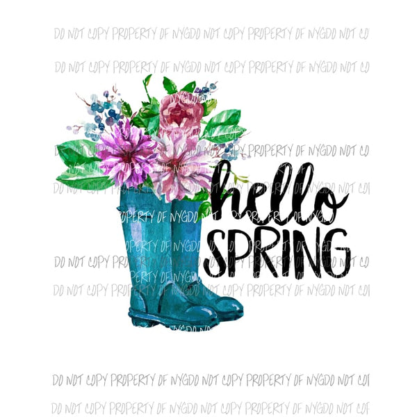 Hello Spring blue rain boots flowers Sublimation transfers Heat Transfer