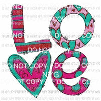 LOVE funky stacked letters purple teal hearts Sublimation transfers Heat Transfer