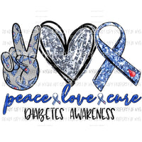 Peace Love Cure Diabetes Awareness blue ribbon Sublimation transfers Heat Transfer