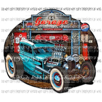 Route 66 Garage Blue Antique Roadster Gas Station Sublimation transfers Heat Transfer