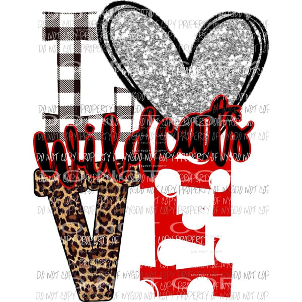 Wildcats Love red and black no mascot silver heart Sublimation transfers Heat Transfer